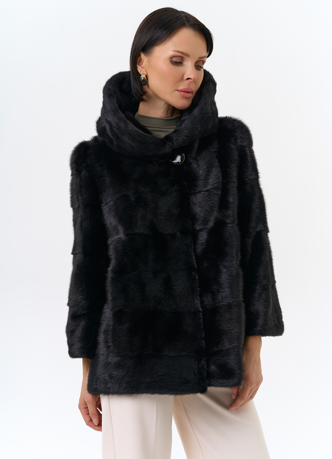Шуба из норки с капюшоном черного цвета модель № 24727 универмаг малина