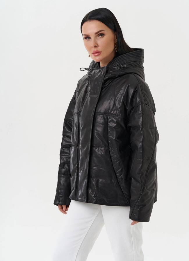 фото Утепленная куртка из натуральной кожи с капюшоном модель № 28111