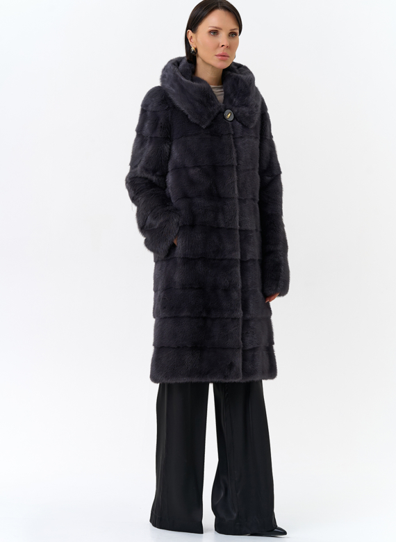 Норковая шуба в цвете графит с капюшоном 