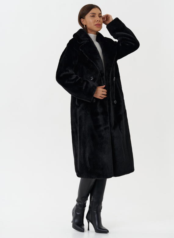 Женское пальто из экомеха с капюшоном