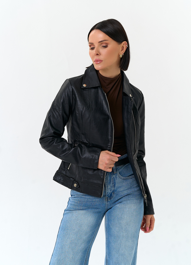 Женская куртка косуха из эко кожи модель № 33157 меха малина