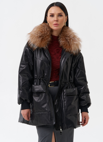 Кожаный пуховик с мехом