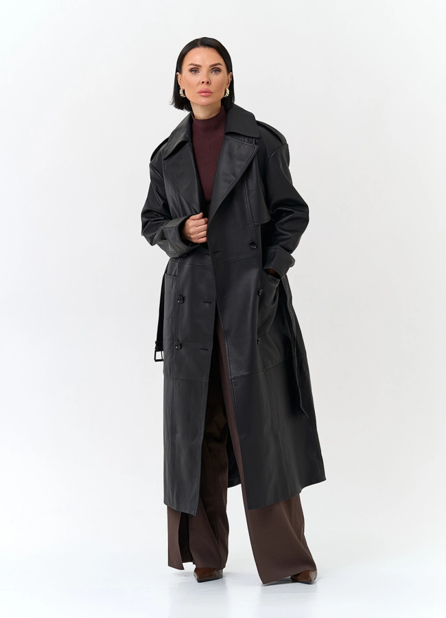 Женский плащ из натуральной кожи с поясом модель № 32901 универмаг малина фото
