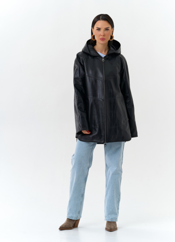 Женская куртка из натуральной кожи с капюшоном