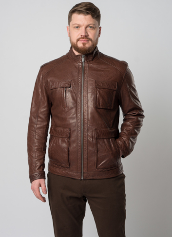 Мужская кожаная куртка коричневого цвета