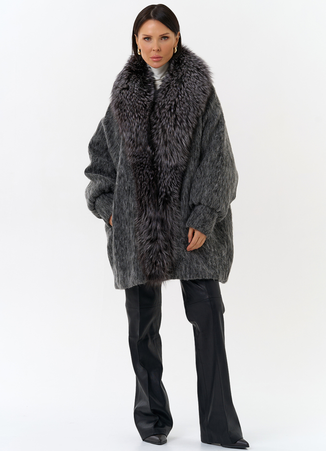 Женский удлиненный пуховик с отделкой из меха чернобурки модель № 31817 в рассрочку