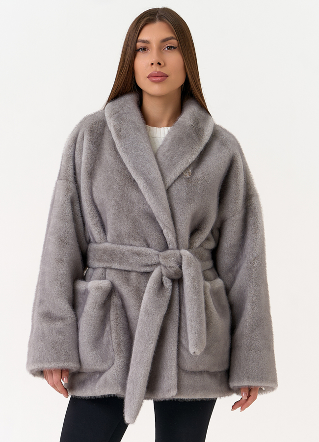 Женская шуба из эко меха с воротником шаль модель № 31503 меха малина