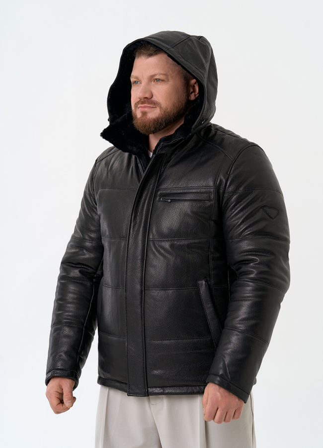 Мужской пуховик из натуральной кожи с капюшоном модель № 32048 универмаг малина