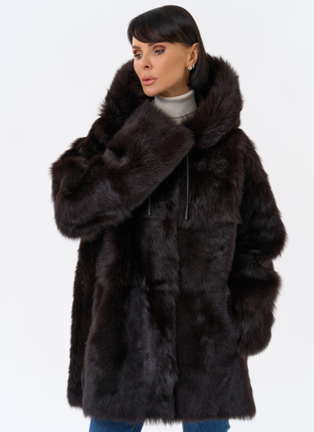 Женская двухсторонняя дубленка с капюшоном