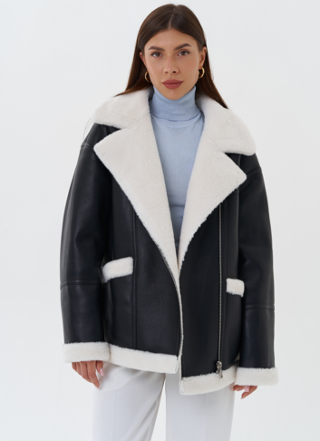 Дубленка из эко кожи черного цвета с черным эко мехом