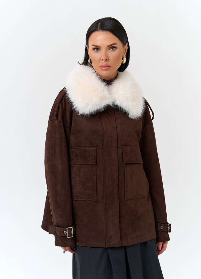 Женская куртка из эко замши с отделкой из эко меха модель № 32794 меха малина