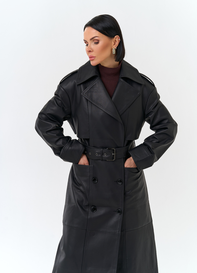 Женский плащ из натуральной кожи с поясом модель № 32901 меха малина