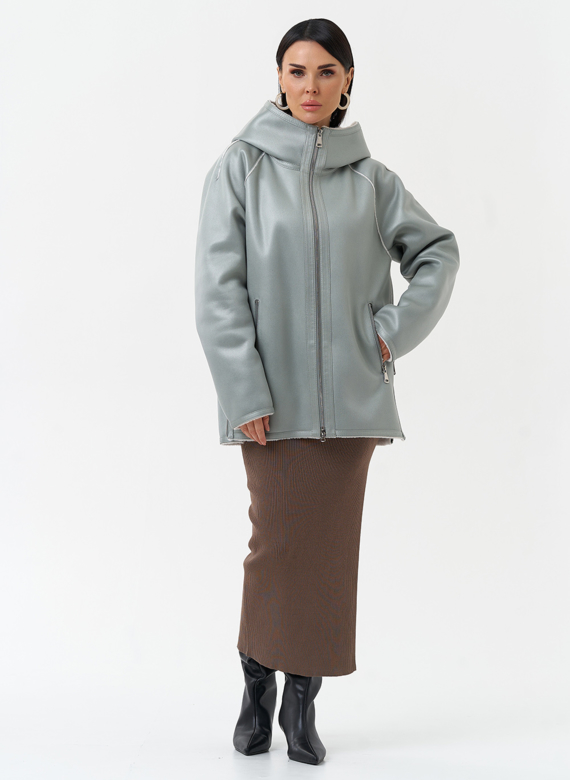 Женская дубленка из эко замши с капюшоном