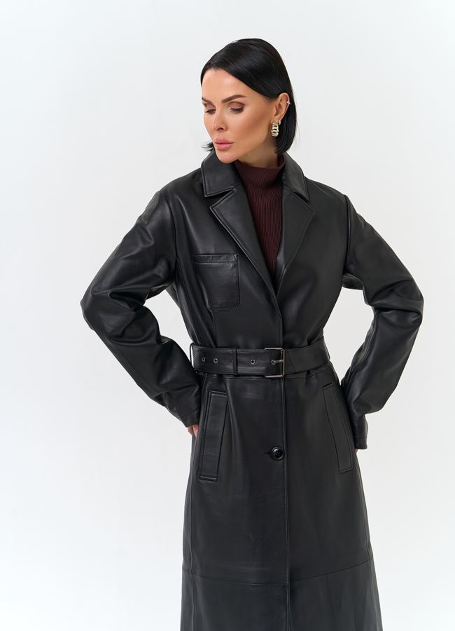 Женский длинный плащ из натуральной кожи модель № 32902 меха малина