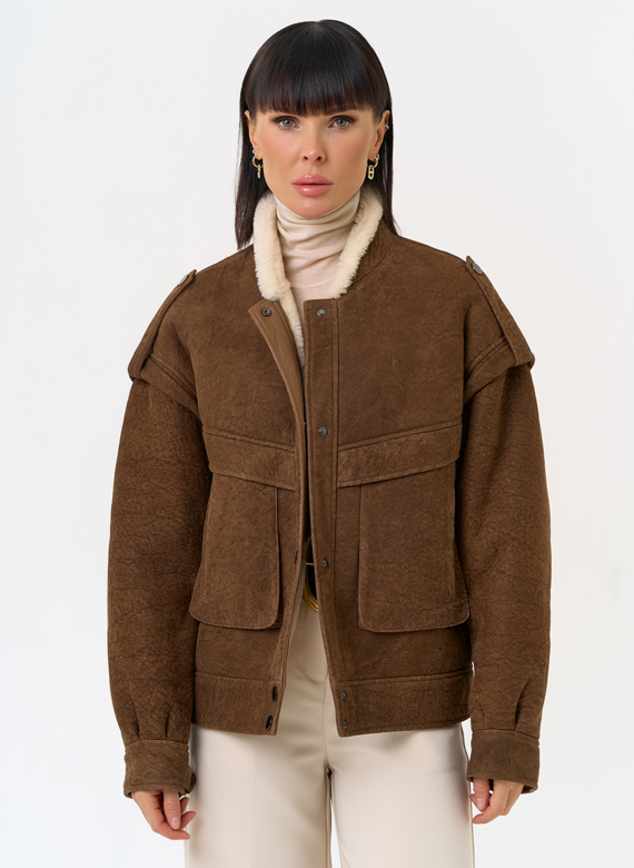 Женская натуральная дубленка в коричневом цвете