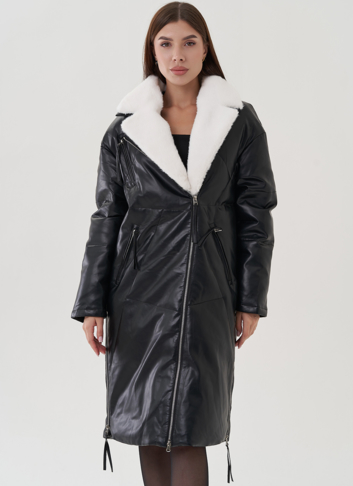 Пуховик женский из эко кожи с английским воротником