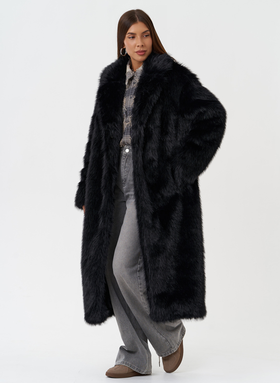 Длинное пальто из эко меха под песца