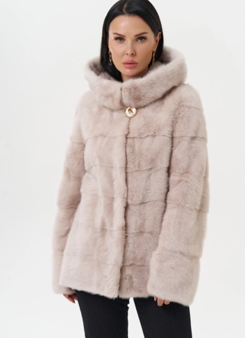 Светлая норковая шуба с капюшоном фото