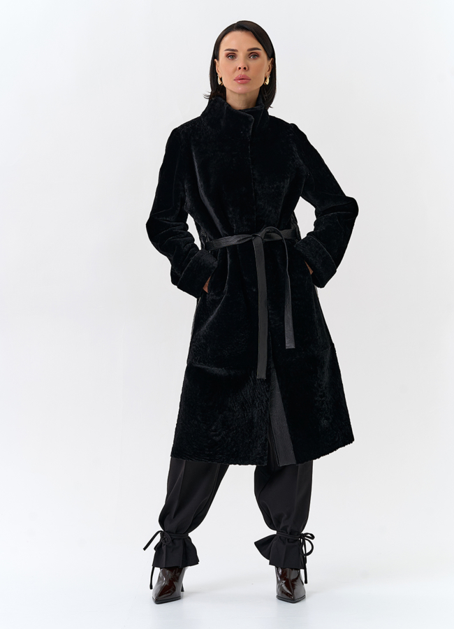 Женская двухсторонняя дубленка с поясом модель № 32198 меха малина