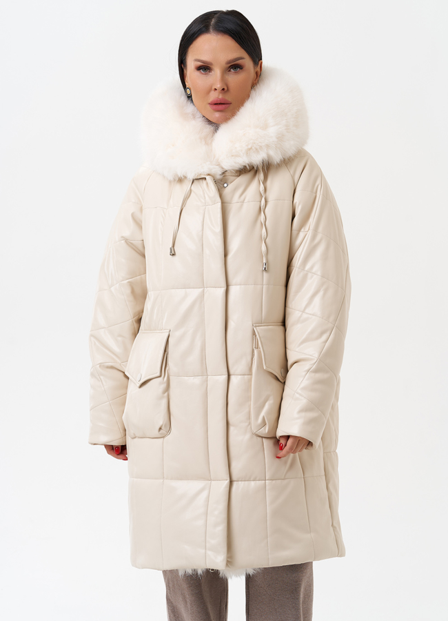 Пуховик из эко кожи с капюшоном из эко меха  модель № 27711 универмаг малина