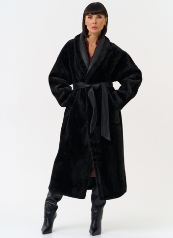 Женская двухсторонняя дубленка из эко замши с воротником шаль