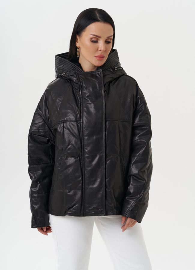 Утепленная куртка из натуральной кожи с капюшоном модель № 28111 меха малина