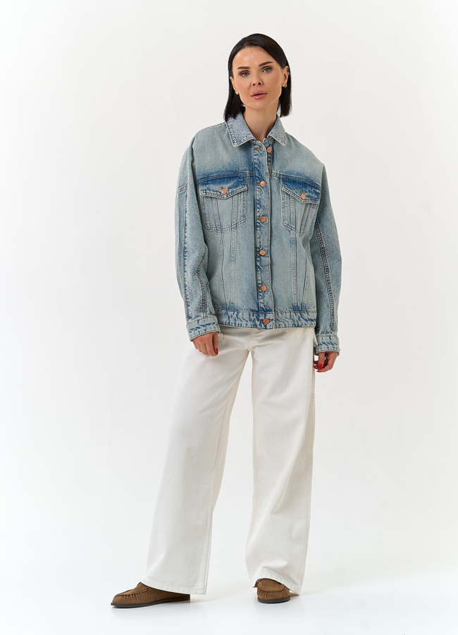 Женская джинсовая куртка со стразами модель № 33130 в рассрочку