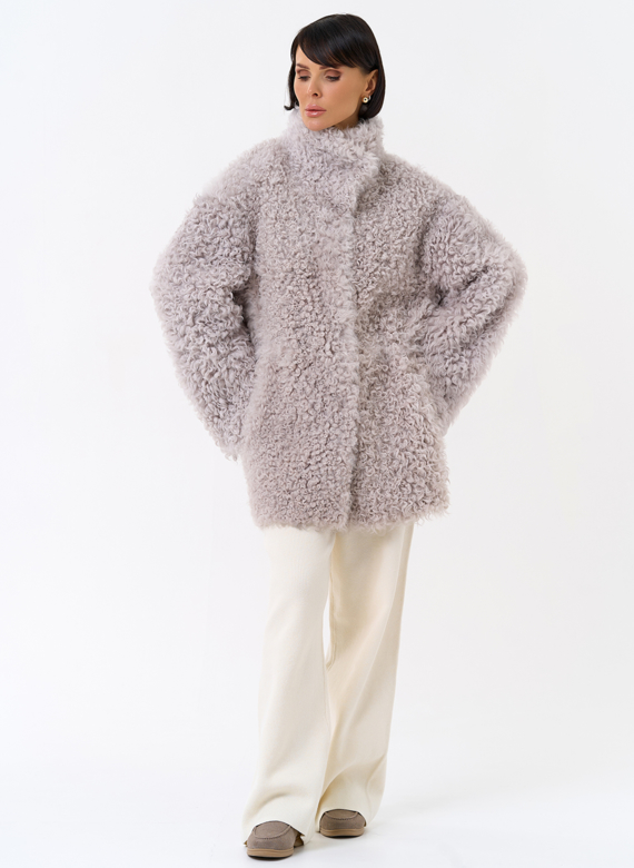 Женская двухсторонняя дубленка с воротником стойкой