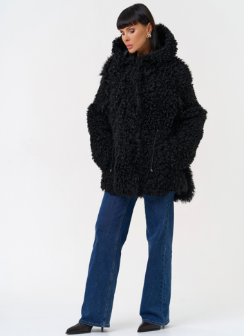 Женская двухсторонняя дубленка с капюшоном