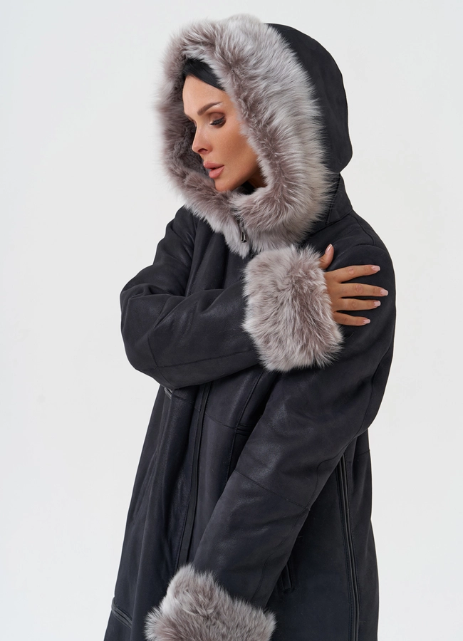 Дубленка с отделкой из тосканы с капюшоном модель № 28699 универмаг малина