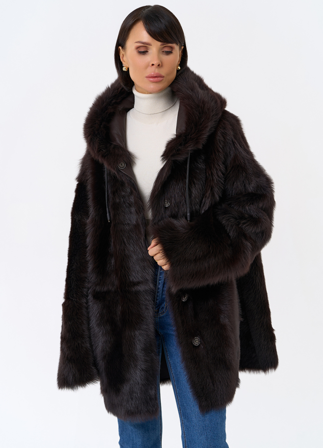 Женская двухсторонняя дубленка с капюшоном модель № 31851 универмаг малина