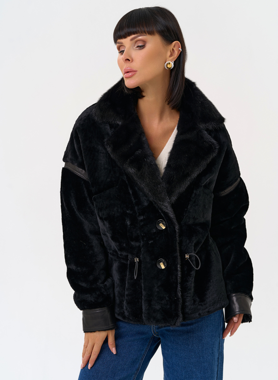 Женская короткая дубленка с английским воротником из меха норки