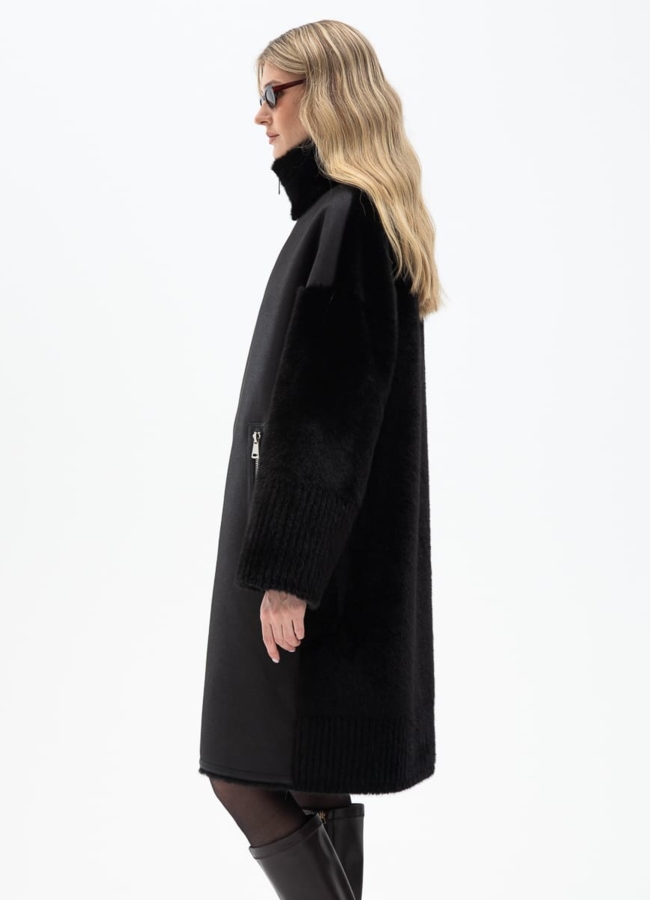 Женская двухсторонняя дубленка из эко кожи с воротником стойкой модель № 32027 универмаг малина