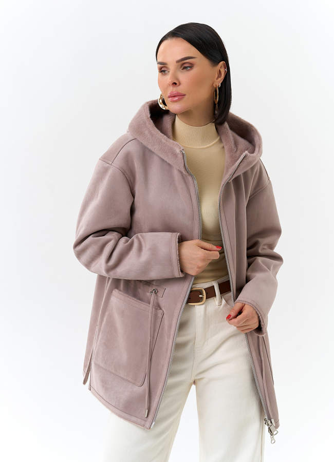 Двухсторонняя дубленка из эко замши с капюшоном модель № 32695 универмаг малина