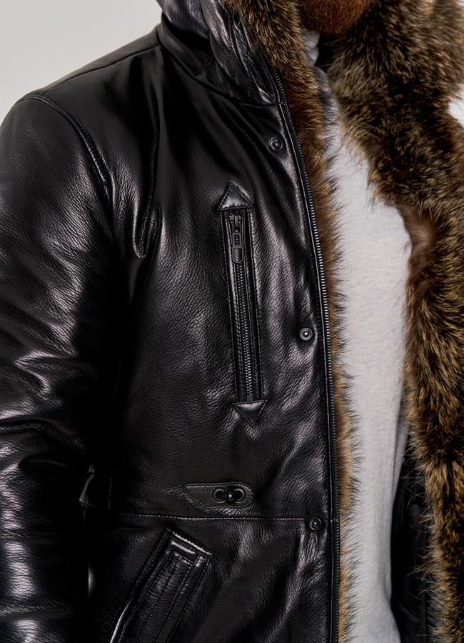 Мужской пуховик из натуральной кожи модель № П-500 в кредит