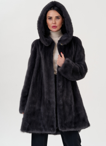 Норковая шуба балетка, в цвете графит с капюшоном
