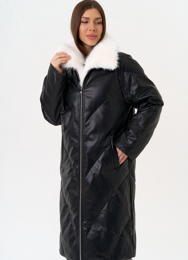 Женский пуховик из эко кожи с отделкой из эко меха модель № 30713 в рассрочку