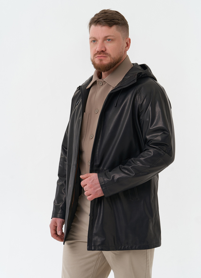 Мужская парка из натуральной кожи с капюшоном модель № 30071 универмаг малина