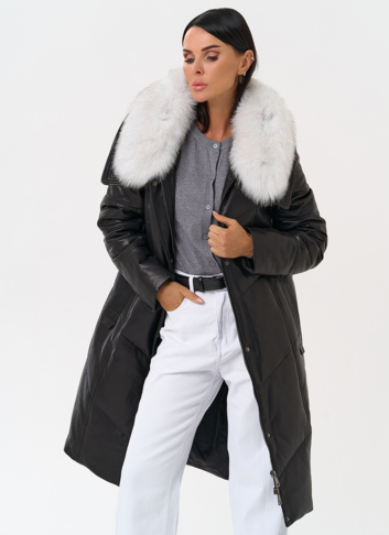 Длинный пуховик из натуральной кожи