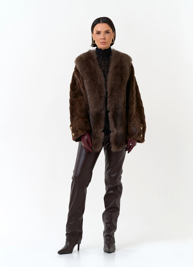 Шуба из норки с отделкой из меха песца модель № 32202 в кредит фото