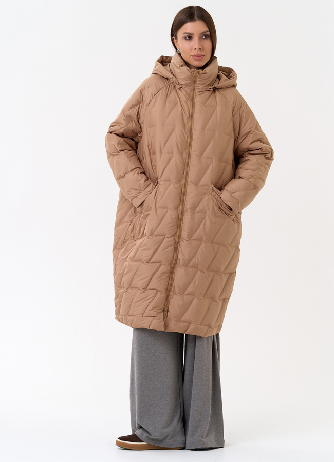 Женское свободное пальто с капюшоном модель № 31385 меха малина