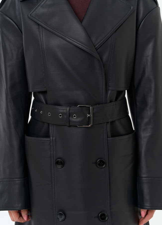 Женский плащ из натуральной кожи с поясом модель № 32901 в рассрочку