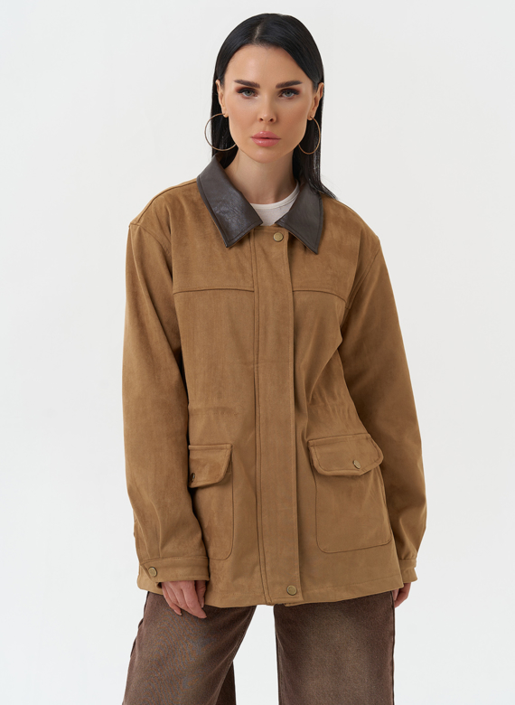 Женская парка из эко замши бежевого цвета