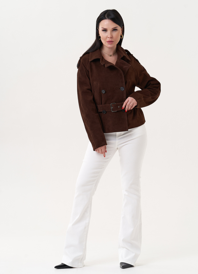 Женская куртка из замши с ремнем модель № 27195 меха малина