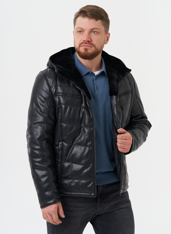 Утепленная куртка из эко кожи с капюшоном