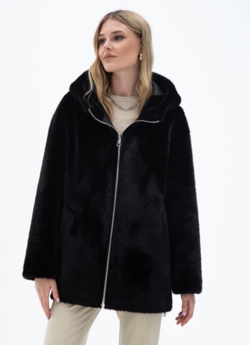 Женская двухсторонняя дубленка из эко кожи с капюшоном