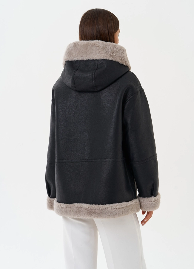 Женская эко дубленка с капюшоном модель № 27760 универмаг малина