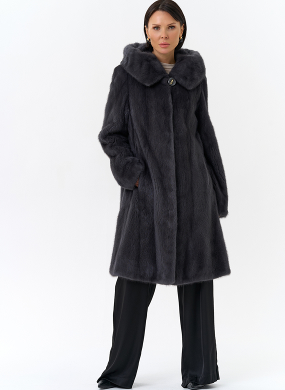 Норковая шуба годе/балетка в роспуск с капюшоном цвета графит