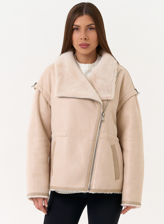 Женская дубленка из эко замши с отложным воротником