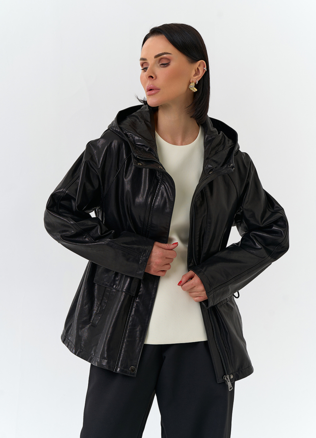 Женская куртка из натуральной кожи  с капюшоном модель № 32528 универмаг малина